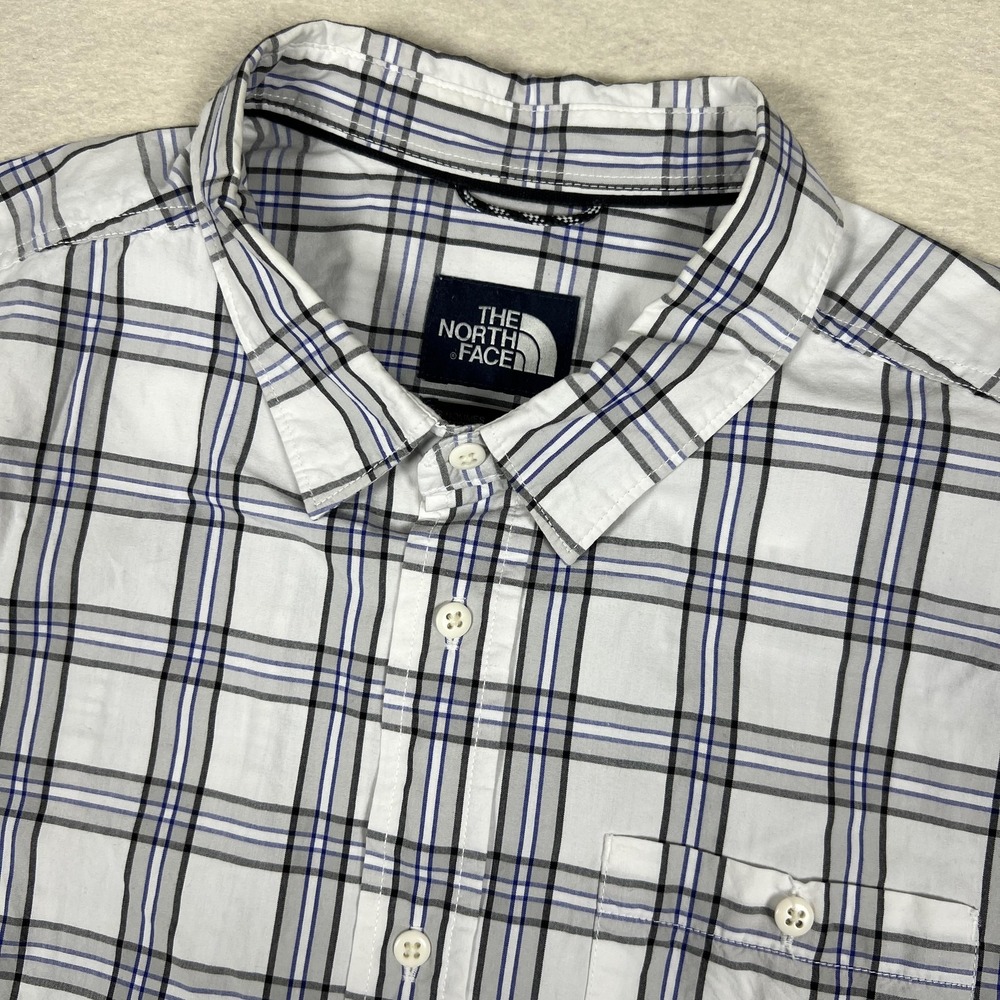 The North Face Shirt Mens 2XL White Blue Plaid Short Sleeve‎ Button Front